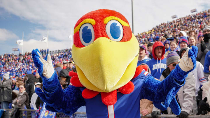 Oct 28, 2023; Lawrence, Kansas, USA; The Kansas Jayhawks mascot poses for a photo against the Oklahoma Sooners during the game at David Booth Kansas Memorial Stadium. Mandatory Credit: Denny Medley-Imagn Images