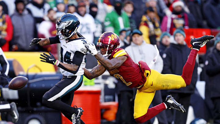 Dec 22, 2024; Landover, Maryland, USA; Philadelphia Eagles cornerback Isaiah Rodgers (34) breaks up a pass intended Washington Commanders wide receiver Dyami Brown (2). Dec 22, 2024; Landover, Maryland, USA; Philadelphia Eagles cornerback Isaiah Rodgers (34) breaks up a pass intended Washington Commanders wide receiver Dyami Brown (2).