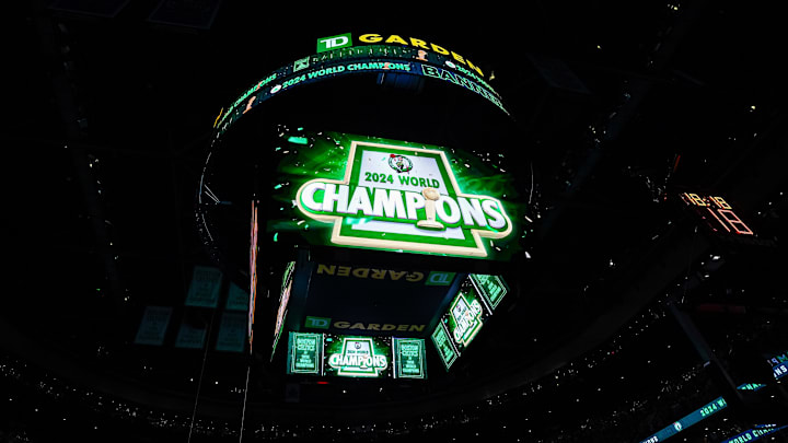 Oct 22, 2024; Boston, Massachusetts, USA; Big screen during the Boston Celtics opening night banner raising ceremony before the start of the game against the New York Knicks at TD Garden. Mandatory Credit: David Butler II-Imagn Images