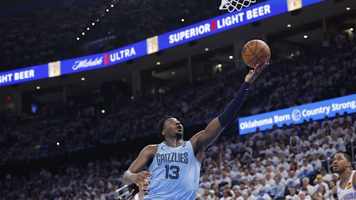Apr 20, 2025; Oklahoma City, Oklahoma, USA; Memphis Grizzlies forward Jaren Jackson Jr. (13) shoots against the Oklahoma City Thunder during the second half at Paycom Center. Mandatory Credit: Alonzo Adams-Imagn Images