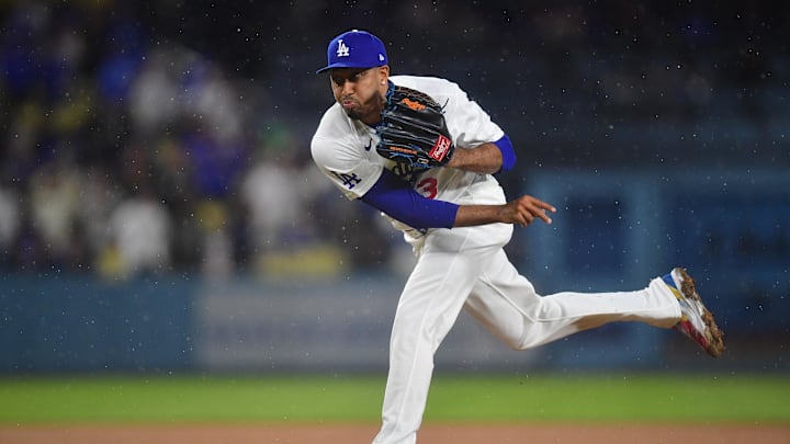 Mar 31, 2026; Los Angeles, California, USA; Los Angeles Dodgers pitcher Edwin Diaz (3) throws against the Cleveland Guardians during the ninth inning at Dodger Stadium. Mandatory Credit: Gary A. Vasquez-Imagn Images