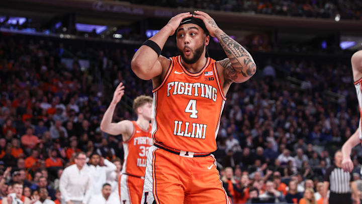 Feb 22, 2025; New York, NY, USA;  Illinois Fighting Illini guard Kylan Boswell (4) reacts after getting called for a foul in the first half against the Duke Blue Devils at Madison Square Garden. Mandatory Credit: Wendell Cruz-Imagn Images