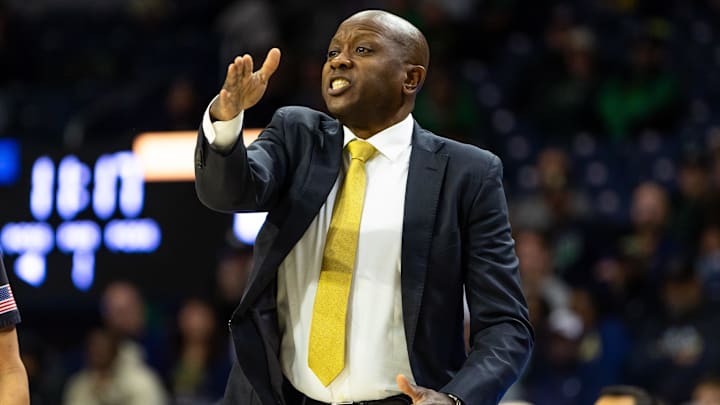 Dec 2, 2025; South Bend, Indiana, USA; Missouri Tigers head coach Dennis Gates shouts towards the court against the Notre Dame Fighting Irish during the first half at Purcell Pavilion at the Joyce Center. Mandatory Credit: Michael Caterina-Imagn Images