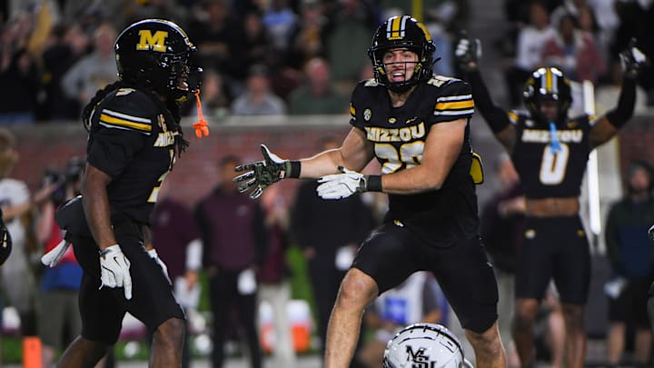 Nov 15, 2025; Columbia, Missouri, USA; Missouri Tigers linebacker Nick Rodriguez celebrates a play in the Missouri matchup against Mississippi State at Faurot Field.