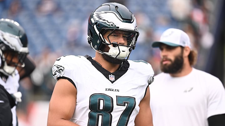 Aug 15, 2024; Foxborough, MA, USA; Philadelphia Eagles tight end C.J. Uzomah (87) warms up before a game against the New England Patriots at Gillette Stadium. Mandatory Credit: Eric Canha-Imagn Images
