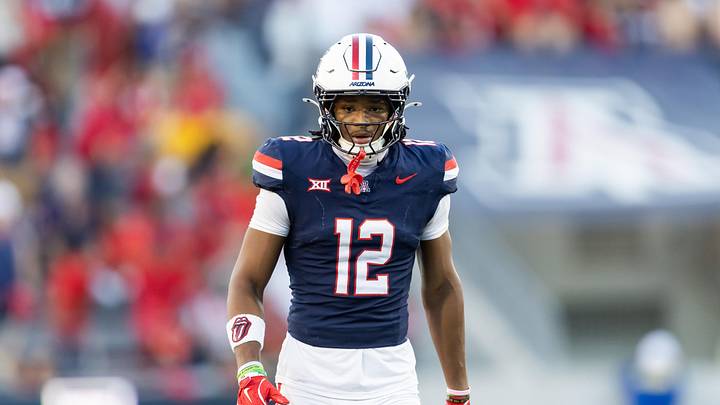 Nov 8, 2025; Tucson, Arizona, USA; Arizona Wildcats wide receiver Tre Spivey (12) against the Kansas Jayhawks at Arizona Stadium. Mandatory Credit: Mark J. Rebilas-Imagn Images