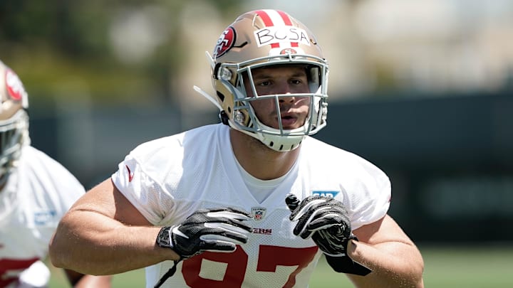 May 3, 2019; Santa Clara, CA, USA; San Francisco 49ers defensive lineman Nick Bosa (97) warms up before practice during rookie minicamp at SAP Performance Facility. Mandatory Credit: Stan Szeto-Imagn Images