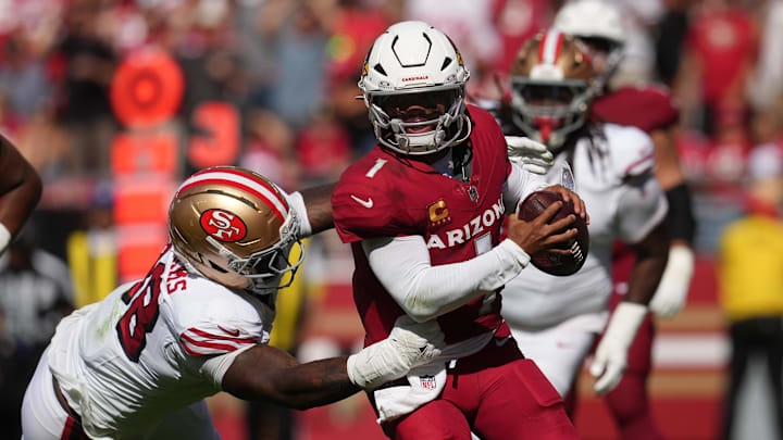 Sep 21, 2025; Santa Clara, California, USA; Arizona Cardinals quarterback Kyler Murray (1) is pressured by San Francisco 49ers defensive end Mykel Williams (98) during the second half at Levi's Stadium. Mandatory Credit: Cary Edmondson-Imagn Images