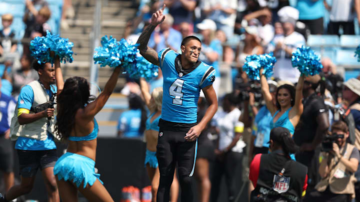 Sep 21, 2025; Charlotte, North Carolina, USA; Carolina Panthers wide receiver Tetairoa McMillan (4) runs onto the field before a game between Carolina Panthers and the Atlanta Falcons at Bank of America Stadium. Mandatory Credit: Cory Knowlton-Imagn Images Sep 21, 2025; Charlotte, North Carolina, USA; Carolina Panthers wide receiver Tetairoa McMillan (4) runs onto the field before a game between Carolina Panthers and the Atlanta Falcons at Bank of America Stadium. Mandatory Credit: Cory Knowlton-Imagn Images