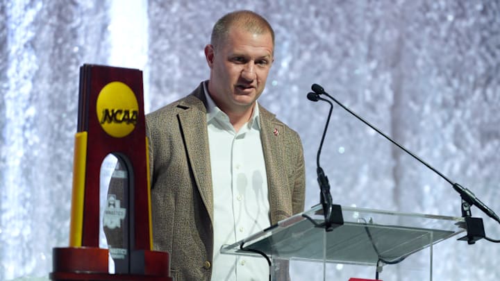 Roger Denny, Oklahoma athletic director, speaks during a celebration inside Lloyd Noble Center for the University of Oklahoma women's gymnastics team eighth national championship in Norman, Okla., April 21, 2026.
