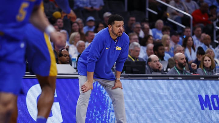 Mar 15, 2024; Washington, D.C., USA; Pittsburgh Panthers head coach Jeff Capel looks on from the sidelines against the North Carolina Tar Heels during the first half at Capital One Arena. Mandatory Credit: Amber Searls-Imagn Images