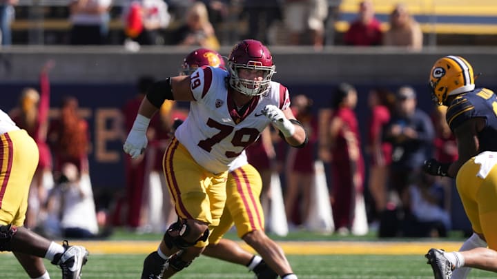 Oct 28, 2023; Berkeley, California, USA; USC Trojans offensive lineman Jonah Monheim (79) during the second quarter against the California Golden Bears at California Memorial Stadium. Mandatory Credit: Darren Yamashita-Imagn Images