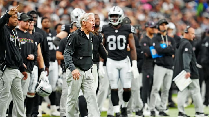 Oct 12, 2025; Paradise, Nevada, USA; Las Vegas Raiders head coach Pete Carroll reacts on the sidelines during the second half against the Tennessee Titans at Allegiant Stadium. Mandatory Credit: Stephen R. Sylvanie-Imagn Images