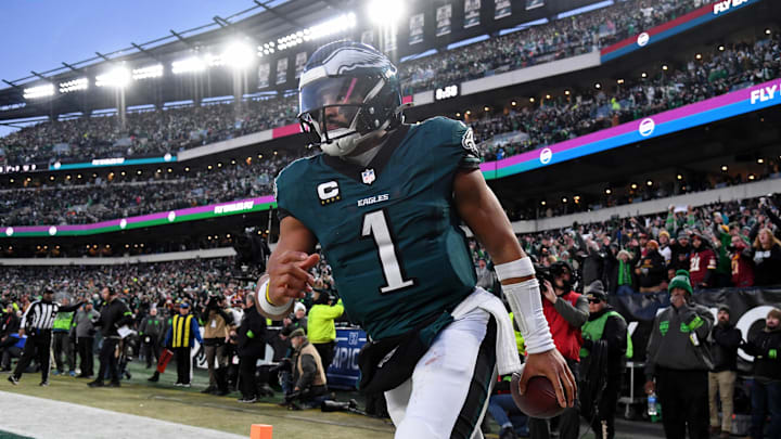 Jan 26, 2025; Philadelphia, PA, USA; Philadelphia Eagles quarterback Jalen Hurts (1) reacts after a touchdown against the Washington Commanders during the second half in the NFC Championship game at Lincoln Financial Field. Mandatory Credit: Eric Hartline-Imagn Images