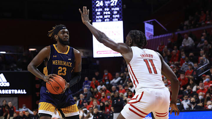 Nov 13, 2021; Piscataway, New Jersey, USA; Merrimack Warriors guard Ziggy Reid (23) looks to pass