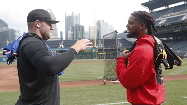 Jun 27, 2023; Pittsburgh, Pennsylvania, USA; Pittsburgh Pirates relief pitcher David Bednar (left)