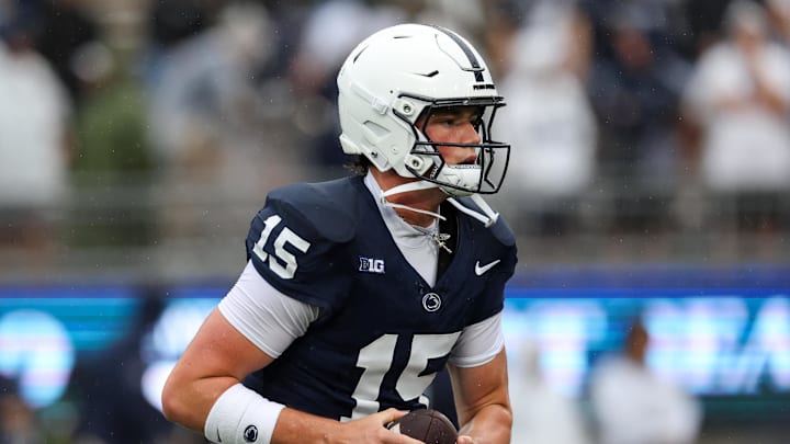 Sep 6, 2025; University Park, Pennsylvania, USA; Penn State Nittany Lions quarterback Drew Allar (15) warms up prior to the game against the Florida International Panthers at Beaver Stadium. Mandatory Credit: Matthew O'Haren-Imagn Images Sep 6, 2025; University Park, Pennsylvania, USA; Penn State Nittany Lions quarterback Drew Allar (15) warms up prior to the game against the Florida International Panthers at Beaver Stadium. Mandatory Credit: Matthew O'Haren-Imagn Images