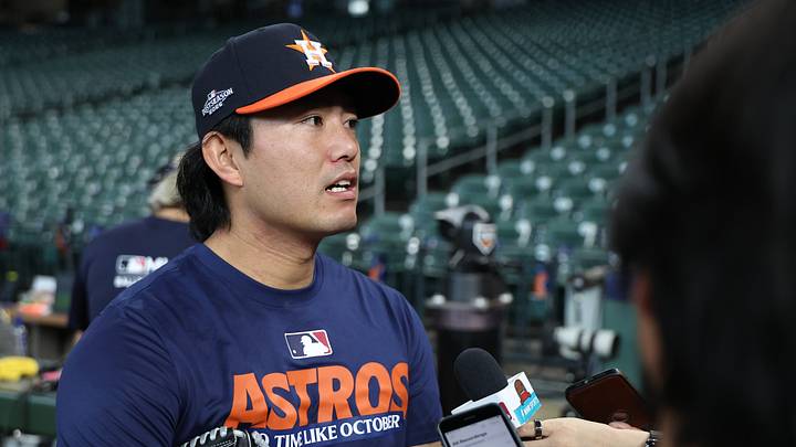 Sep 29, 2026; Houston, Texas, USA;  Houston Astros pitcher Tatsuya Imai (45) speaks to the media before game one of the Wildcard round for the 2026 MLB Playoffs at Daikin Park.  Mandatory Credit: Troy Taormina-Imagn Images