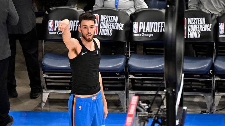 May 30, 2026; Oklahoma City, Oklahoma, USA; Oklahoma City Thunder center Chet Holmgren (7) warms up before game seven against the San Antonio Spurs in the western conference finals for the 2026 NBA playoffs at Paycom Center.