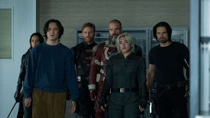 Ghost (Hannah John-Kamen), Bob (Lewis Pullman), John Walker (Wyatt Russell), Alexei Shostakov/Red Guardian (David Harbour), Yelena Belova (Florence Pugh) and Bucky Barnes (Sebastian Stan)in Marvel Studios' THUNDERBOLTS*. Photo by Chuck Zlotnick. © 2025 MARVEL.