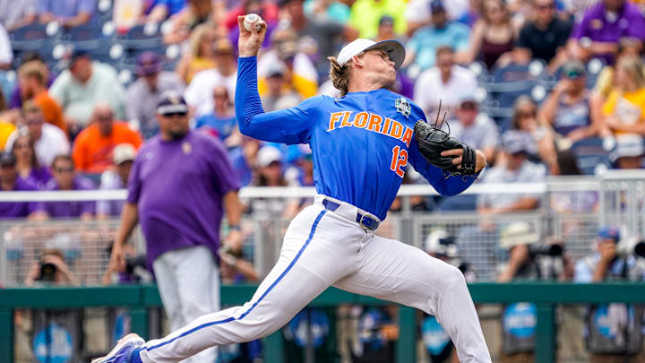 Jun 25, 2023; Omaha, NE, USA; Florida Gators starting pitcher Hurston Waldrep (12) throws a pitch