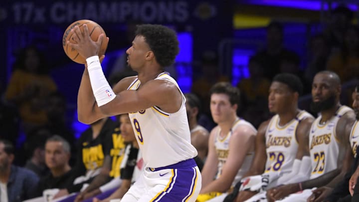 Apr 19, 2025; Los Angeles, California, USA; Los Angeles Lakers guard Bronny James (9) takes a shot in the second half against the Minnesota Timberwolves at Crypto.com Arena. Mandatory Credit: Jayne Kamin-Oncea-Imagn Images