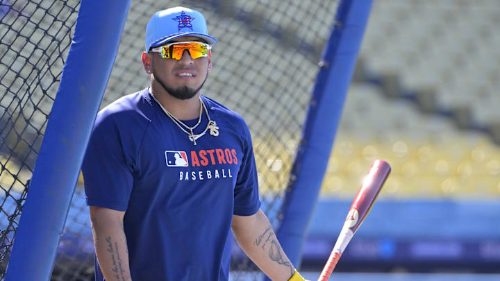 Jul 4, 2025; Los Angeles, California, USA;  Houston Astros third baseman Isaac Paredes (15) warms up prior to the game against the Los Angeles Dodgers at Dodger Stadium. Mandatory Credit: Jayne Kamin-Oncea-Imagn Images