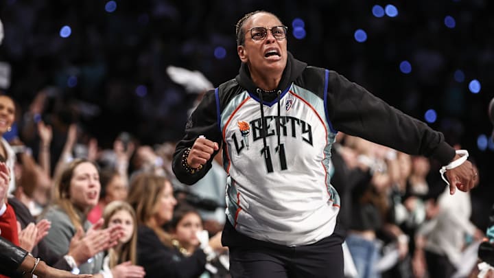 Oct 20, 2024; Brooklyn, New York, USA; Former New York Liberty guard Teresa Weatherspoon celebrates during game five of the 2024 WNBA Finals at Barclays Center. Mandatory Credit: Wendell Cruz-Imagn Images