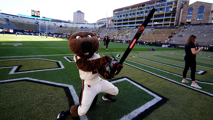 Nov 6, 2021; Boulder, Colorado, USA; Oregon State Beavers mascot Benny Beaver before the game against the Colorado Buffaloes at Folsom Field. Mandatory Credit: Ron Chenoy-Imagn Images