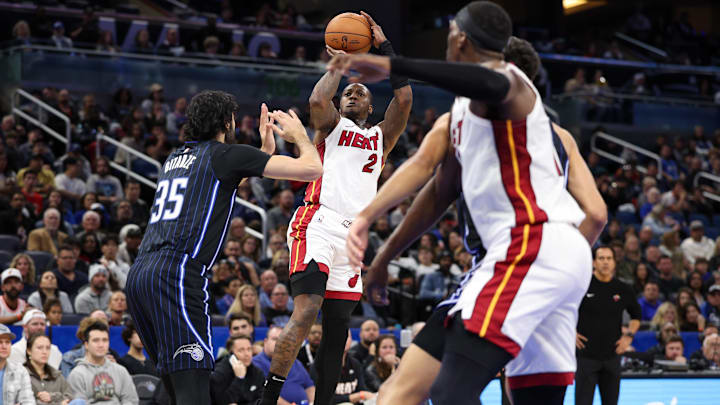 Miami Heat guard Terry Rozier (2) shoots the ball against the Orlando Magic in the second quarter at Kia Center.