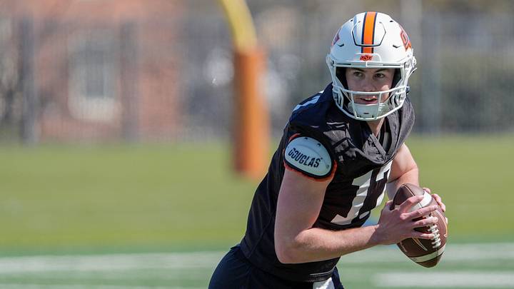 Drew Mestemaker (17) runs drills during Oklahoma State football practice in Stillwater, Okla., on Tuesday, March 24, 2026. Drew Mestemaker (17) runs drills during Oklahoma State football practice in Stillwater, Okla., on Tuesday, March 24, 2026.