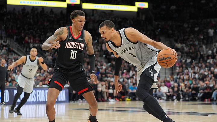 Mar 8, 2026; San Antonio, Texas, USA; San Antonio Spurs forward Victor Wembanyama (1) dribbles against Houston Rockets forward Jabari Smith Jr. (10) in the second half at Frost Bank Center. Mandatory Credit: Daniel Dunn-Imagn Images Mar 8, 2026; San Antonio, Texas, USA; San Antonio Spurs forward Victor Wembanyama (1) dribbles against Houston Rockets forward Jabari Smith Jr. (10) in the second half at Frost Bank Center. Mandatory Credit: Daniel Dunn-Imagn Images