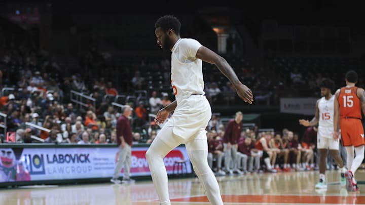 Feb 3, 2024; Coral Gables, Florida, USA; Miami Hurricanes guard Wooga Poplar (5) reacts after an