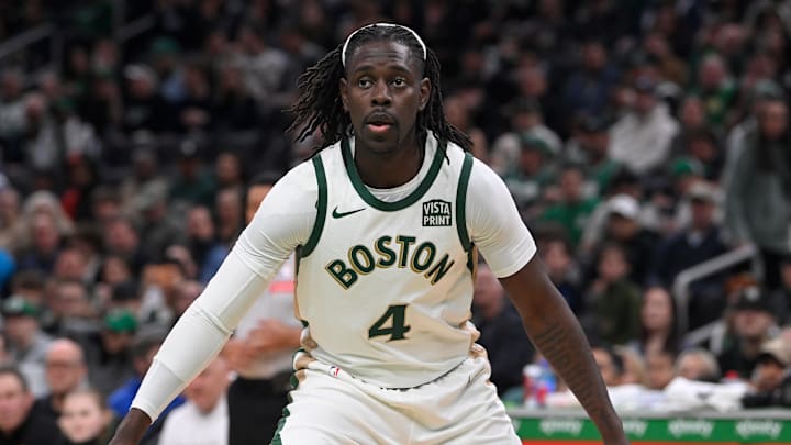 Apr 7, 2024; Boston, Massachusetts, USA; Boston Celtics guard Jrue Holiday (4) game play against the Portland Trail Blazers during the first half at TD Garden. Mandatory Credit: Eric Canha-Imagn Images