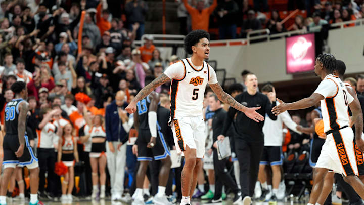 Oklahoma State Cowboys guard Vyctorius Miller (5) celebrates during a BIG 12 men's college basketball game between the Oklahoma State Cowboys (OSU) and the BYU Cougars at Gallagher-Iba Arena in Stillwater, Okla., Wednesday, Feb. 4, 2026.
