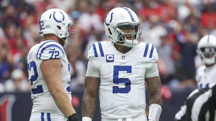 Oct 27, 2024; Houston, Texas, USA; Indianapolis Colts quarterback Anthony Richardson (5) reacts after a play /during the game against the Houston Texans at NRG Stadium. Mandatory Credit: Troy Taormina-Imagn Images