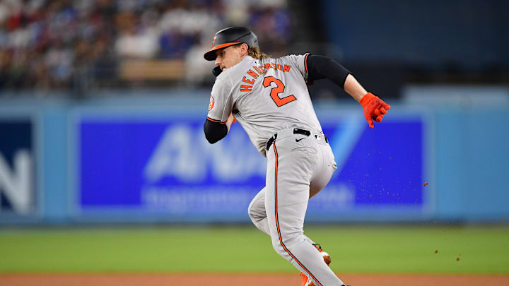 Baltimore Orioles shortstop Gunnar Henderson (2) runs to second on a wild pitch by Los Angeles Dodgers pitcher Jack Flaherty (0) during the sixth inning at Dodger Stadium in 2024.