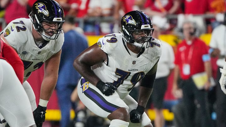 Sep 5, 2024; Kansas City, Missouri, USA; Baltimore Ravens offensive tackle Ronnie Stanley (79) at the line of scrimmage against the Kansas City Chiefs during the game at GEHA Field at Arrowhead Stadium. Mandatory Credit: Denny Medley-Imagn Images