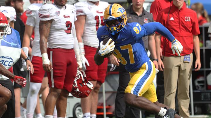 Sep 5, 2026; Pittsburgh, Pennsylvania, USA; Pittsburgh Panthers wide receiver Demetrice McCray (87) runs after a catch against the Miami (OH) RedHawks during the fourth quarter at Acrisure Stadium. Mandatory Credit: Charles LeClaire-Imagn Images Sep 5, 2026; Pittsburgh, Pennsylvania, USA; Pittsburgh Panthers wide receiver Demetrice McCray (87) runs after a catch against the Miami (OH) RedHawks during the fourth quarter at Acrisure Stadium. Mandatory Credit: Charles LeClaire-Imagn Images