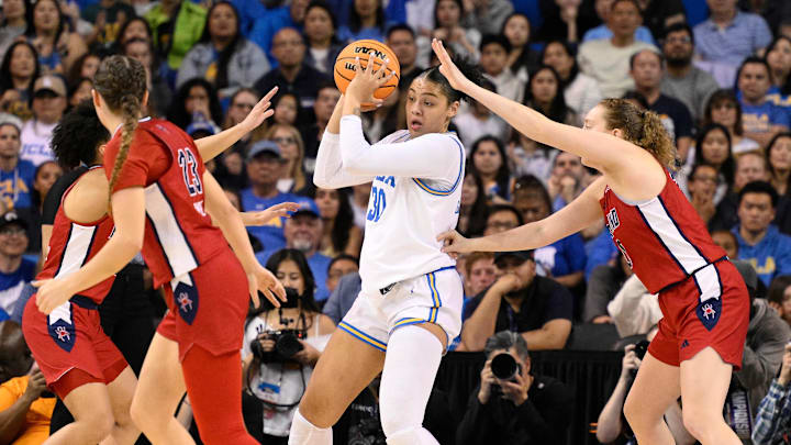 Mar 23, 2025; Los Angeles, California, USA; UCLA Bruins forward Timea Gardiner (30) during an NCAA Tournament second round game against the Richmond Spiders at Pauley Pavilion presented by Wescom. Mandatory Credit: Robert Hanashiro-Imagn Images