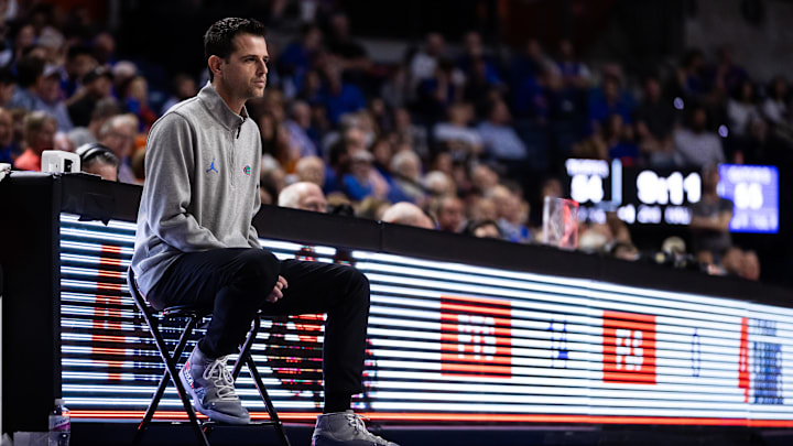 Feb 28, 2024; Gainesville, Florida, USA; Florida Gators head coach Todd Golden looks on from a chair against the Missouri Tigers during the second half at Exactech Arena at the Stephen C. O'Connell Center. Mandatory Credit: Matt Pendleton-USA TODAY Sports
