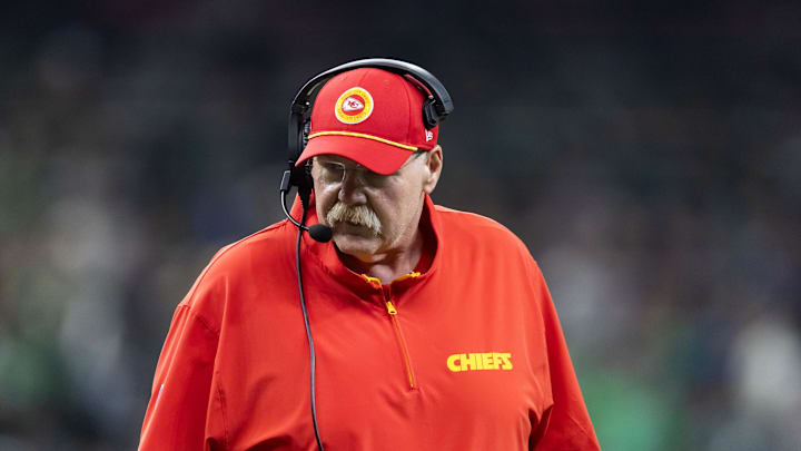 Feb 9, 2025; New Orleans, LA, USA;  Kansas City Chiefs head coach Andy Reid against the Philadelphia Eagles in Super Bowl LIX at Ceasars Superdome. Mandatory Credit: Mark J. Rebilas-Imagn Images