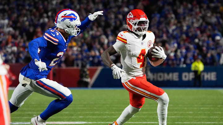 Nov 2, 2025; Orchard Park, New York, USA; Kansas City Chiefs wide receiver Rashee Rice (4) runs with the ball in the second half against the Buffalo Bills at Highmark Stadium. Mandatory Credit: Gregory Fisher-Imagn Images Nov 2, 2025; Orchard Park, New York, USA; Kansas City Chiefs wide receiver Rashee Rice (4) runs with the ball in the second half against the Buffalo Bills at Highmark Stadium. Mandatory Credit: Gregory Fisher-Imagn Images