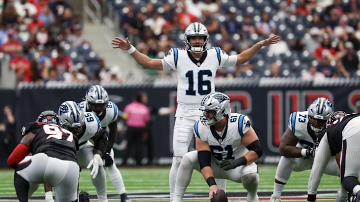 Aug 16, 2025; Houston, Texas, USA; Carolina Panthers quarterback Jack Plummer (16) calls a play against the Houston Texans in the second quarter at NRG Stadium. 