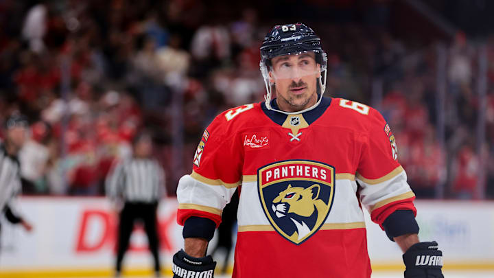 Nov 13, 2025; Sunrise, Florida, USA; Florida Panthers left wing Brad Marchand (63) looks on after the game against the Washington Capitals at Amerant Bank Arena. Mandatory Credit: Sam Navarro-Imagn Images