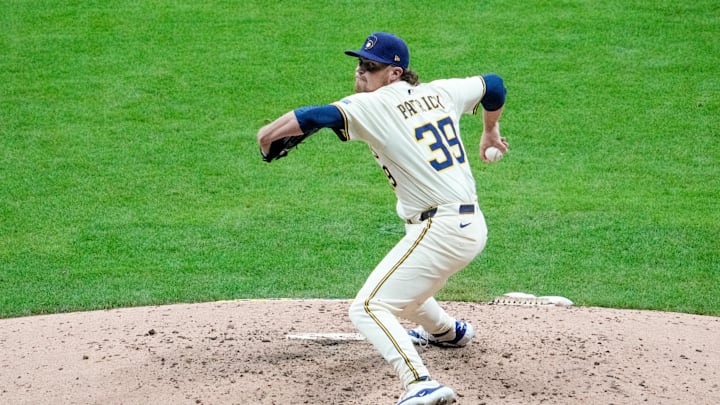 Oct 13, 2025; Milwaukee, Wisconsin, USA; Milwaukee Brewers pitcher Chad Patrick (39) throws a pitch against the Los Angeles Dodgers in the sixth inning during game one of the NLCS round for the 2025 MLB playoffs at American Family Field. Mandatory Credit: Michael McLoone-Imagn Images