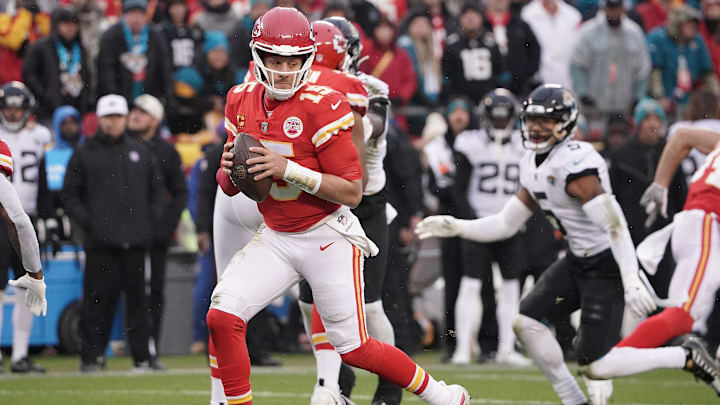 Jan 21, 2023; Kansas City, Missouri, USA; Kansas City Chiefs quarterback Patrick Mahomes (15) moves