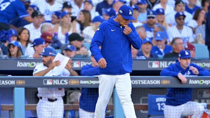 Oct 16, 2025; Los Angeles, California, USA; Los Angeles Dodgers manager Dave Roberts (30) walks to the mound in the seventh inning against the Milwaukee Brewers during game three of the NLCS round for the 2025 MLB playoffs at Dodger Stadium. Mandatory Credit: Jayne Kamin-Oncea-Imagn Images Oct 16, 2025; Los Angeles, California, USA; Los Angeles Dodgers manager Dave Roberts (30) walks to the mound in the seventh inning against the Milwaukee Brewers during game three of the NLCS round for the 2025 MLB playoffs at Dodger Stadium. Mandatory Credit: Jayne Kamin-Oncea-Imagn Images