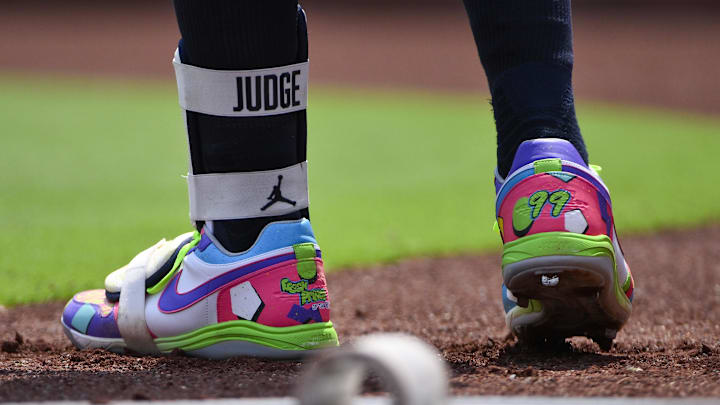 New York Yankees designated hitter Aaron Judge wears custom Air Jordan cleats.