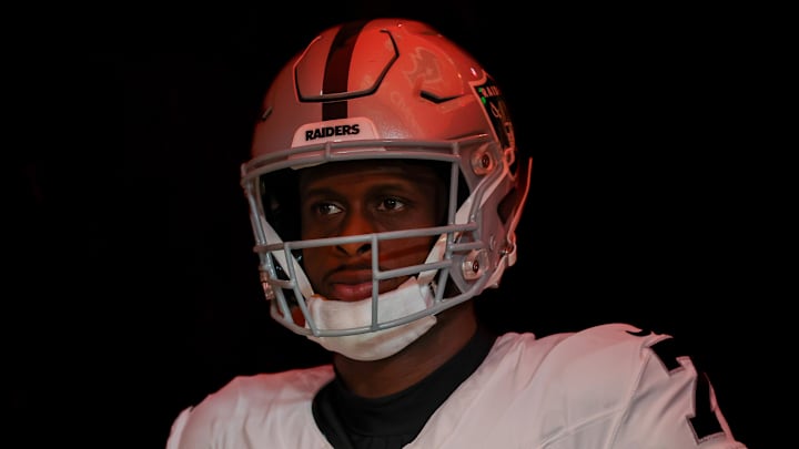 Dec 21, 2025; Houston, Texas, USA; Las Vegas Raiders quarterback Geno Smith (7) waits in the tunnel before playing against the Houston Texans at NRG Stadium. Mandatory Credit: Thomas Shea-Imagn Images